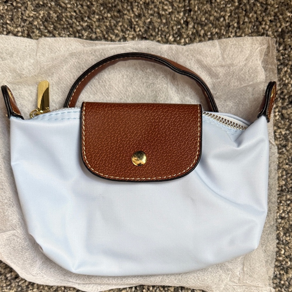 Light Blue Nylon Women's Handbag with Brown Trim